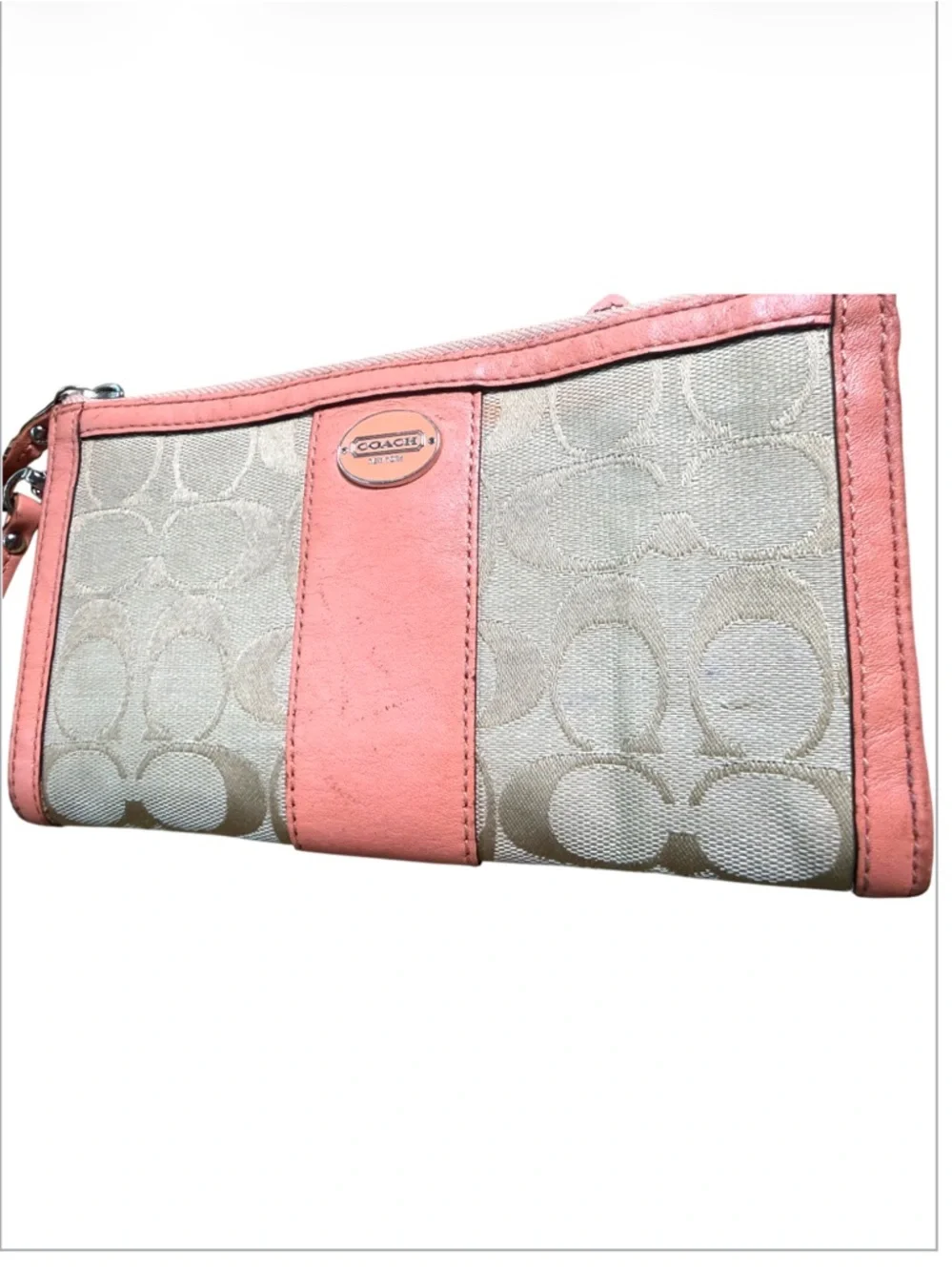 Coach Vintage Y2K Wristlet Pink/ Coral color Signature C Jaquard Canvas Leather - Picture 4 of 14